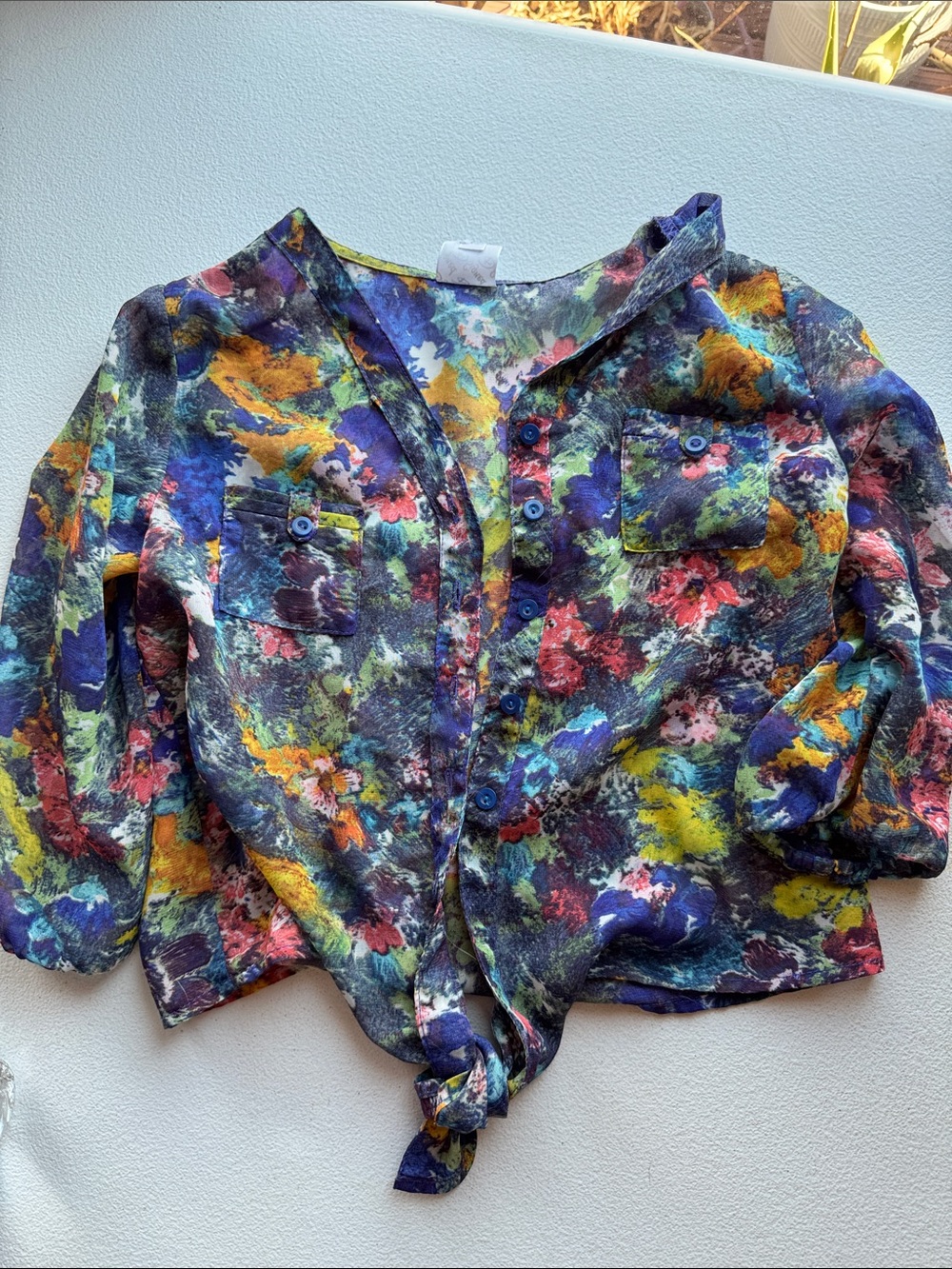 Girls' Floral Button-Front Tie Hem Shirt - Multicolor